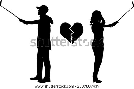 Vector Silhouette - Man and woman break up - Online Dating - Dating App Selfiestick - Broken heart as a symbol for divorce and separation in the digital age