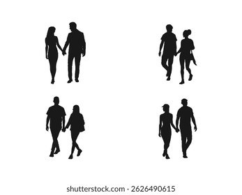 Silhueta vetorial de um homem e uma mulher de mãos dadas. Um casal de mãos dadas enquanto caminhava vetor. Casais caminhando de mãos dadas, Silhuetas para o design.