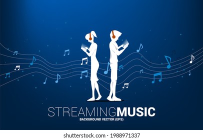 Vector silhouette man and woman with mobile phone and headphone and  music melody note dancing flow . Concept background for song and concert theme.