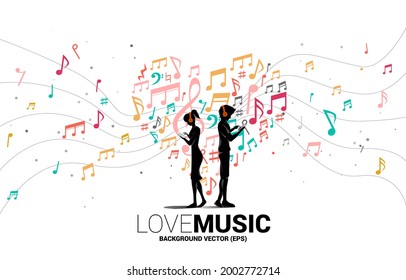 Vector silhouette man and woman with mobile phone and headphone and heart from  music melody note dancing flow . Concept background for song and concert theme.