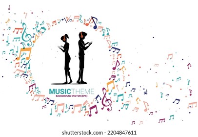 Vector silhouette man and woman with mobile phone with circle frame from music melody note dancing flow . Concept background for song and concert theme.