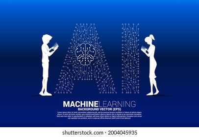 Vector silhouette man and woman use mobile phone and background dot connect line shaped AI and CPU center. Concept for machine learning and artificial intelligence.