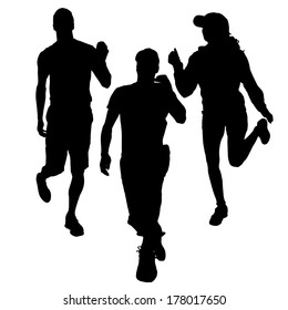 Vector silhouette of a man and women who runs a white background. 
