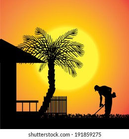 Vector silhouette of a man work in front of the house.