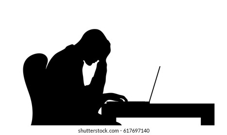 Vector silhouette of man work on computer.