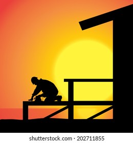 Vector silhouette of a man working on the house.