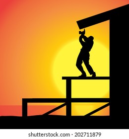Vector silhouette of a man working on the house.