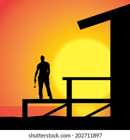 Vector silhouette of a man working on the house.