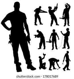 Vector silhouette of a man working with tools on a white background.