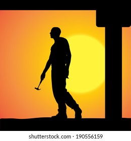 Vector silhouette of a man working with tools at sunset.
