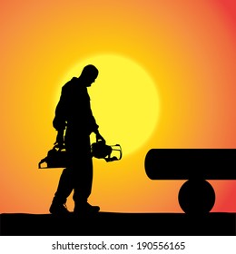 Vector silhouette of a man working with tools at sunset.