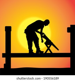 Vector silhouette of a man working with tools at sunset.