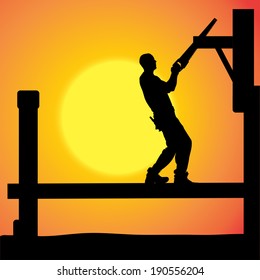 Vector silhouette of a man working with tools at sunset.