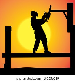 Vector silhouette of a man working with tools at sunset.