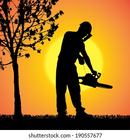 Vector silhouette of a man working with tools at sunset.
