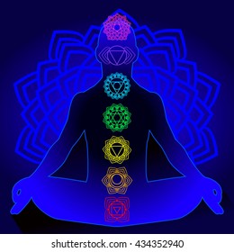 Vector silhouette of a man with a yoga symbols. Yoga vector design. 7 chakra mandalas. Sahasrara, anahata, Muladhara, Svadhisthana, Manipur, Vishudha, Ajna.