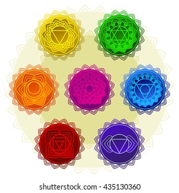 Vector silhouette of a man with a yoga symbols of chakra. Yoga vector design. 7 chakra mandalas. Sahasrara, anahata, Muladhara, Svadhisthana, Manipur, Vishudha, Ajna.