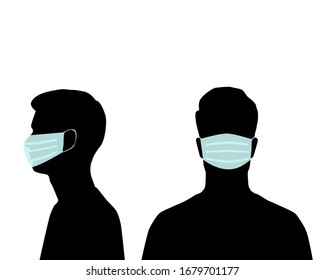  Vector silhouette of a man's head full face and profile avatar in a medical mask, protecting people from coronavirus, black color, isolated on a white background