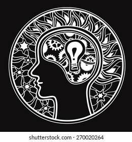 Vector silhouette of a man's head with a glowing light bulb and brain gears. Hair like flames and stars around.  The concept of creative thinking . Completely ready to print on fabric.