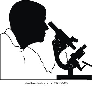 Vector silhouette of man's head and microscope - isolated illustration on white background.