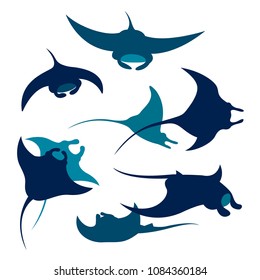 Vector silhouette of mantas on a white background. Set of underwater animal - mantas.