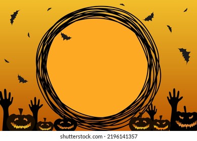 Vector - Silhouette many hand, pumpkin and bat on orange sky background. Halloween season. Holiday. Copy space. Can be use for advertising, brochure, poster, banner.