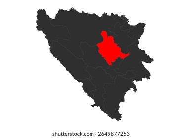 Vector silhouette map of Bosnia and Herzegovina with the Zenica-Doboj Canton highlighted in red. Clearly indicates the specific geographical area of this administrative division within the country.