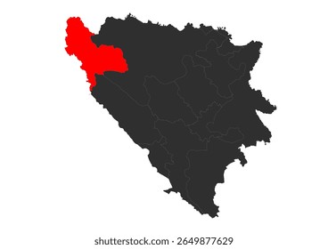 Vector silhouette map of Bosnia and Herzegovina with the Una-Sana Canton highlighted in red. Clearly indicates the specific geographical area of this administrative division within the country.