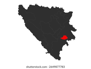 Vector silhouette map of Bosnia and Herzegovina with the Bosnian Podrinje Canton highlighted in red. Clearly indicates the specific geographical area of this administrative division within the country