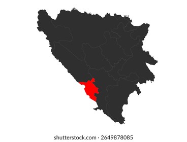 Vector silhouette map of Bosnia and Herzegovina with the West Herzegovina Canton highlighted in red. Clearly indicates the specific geographical area of this administrative division within the country