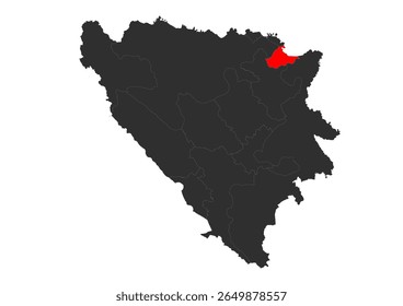  Vector silhouette map of Bosnia and Herzegovina with Brčko District highlighted red. Shows the specific geographic area of this administrative division.