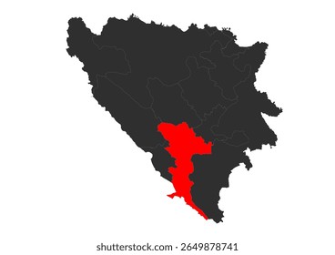  Vector silhouette map of Bosnia and Herzegovina with Herzegovina-Neretva Canton highlighted red. Shows the specific geographic area of this administrative division.