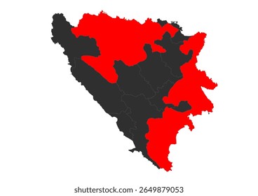 Vector silhouette map of Bosnia and Herzegovina with Republika Srpska highlighted red. Shows the specific geographic area of this administrative entity within the country.