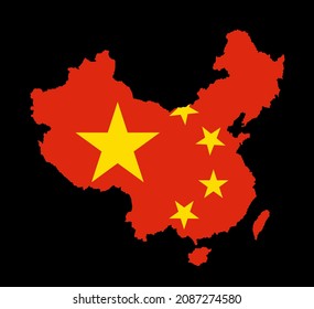 Mapa de silueta vectorial de China con bandera nacional aislada en fondo negro. País de Asia.