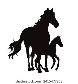 Vector silhouette of a mare with foal on white background. Symbol of family and breeding.