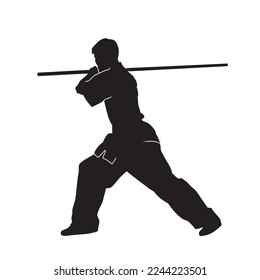 Silueta vectorial de las artes marciales kung fu hombre de pie y usando la espada para actuar. Ilustración maestra de Shaolin sobre blanco.