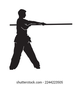 Vector silhouette of martial arts kung fu man standing and use sword to perform. Shaolin master illustration on white.