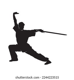 Vector silhouette of martial arts kung fu man standing and use sword to perform. Shaolin master illustration on white.