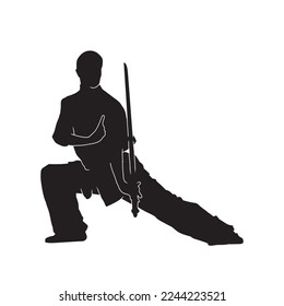 Vektor Silhouette der Kampfkünste kung fu Mann stehen und verwenden Schwert, um aufzutreten. Shaolin-Mastergrafik auf Weiß.