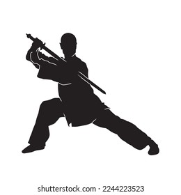 Silueta vectorial de las artes marciales kung fu hombre de pie y usando la espada para actuar. Ilustración maestra de Shaolin sobre blanco.