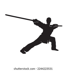 Vektor Silhouette der Kampfkünste kung fu Mann stehen und verwenden Schwert, um aufzutreten. Shaolin-Mastergrafik auf Weiß.