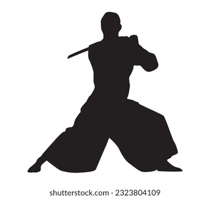 Vector silhouette of martial arts kung fu man standing and use sword to perform. Shaolin master illustration on white.