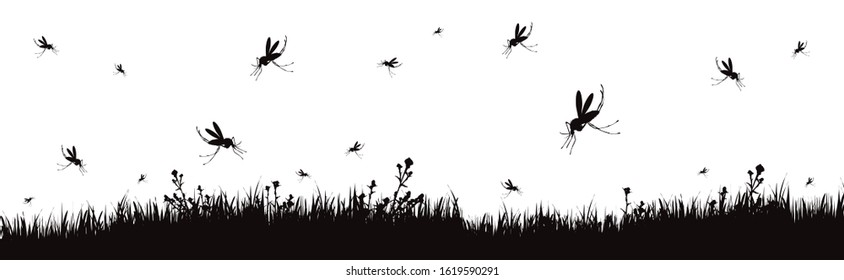 Vector silhouette of meadow with mosquitoes on white background. Symbol of nature with grass and insect.