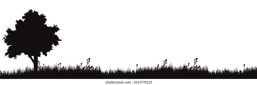 Vector silhouette of meadow on white background. Symbol of nature with grass and tree.