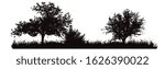 Vector silhouette of meadow with tree on white background. Symbol of nature with grass.