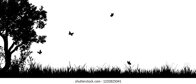 Vector silhouette of meadow with tree in the spring