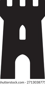 Silueta de Vector de la torre medieval del castillo con las almenas, base arqueada, contorno negro, fondo transparente