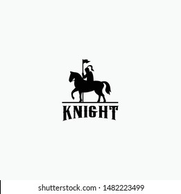 Vector silhouette of a medieval knight on horse carrying a flag on isolated white background.