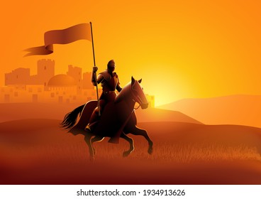 Vector silhouette of a medieval knight on horse carrying a flag on dramatic scene