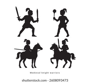 vector silhouette of medieval knight warriors	